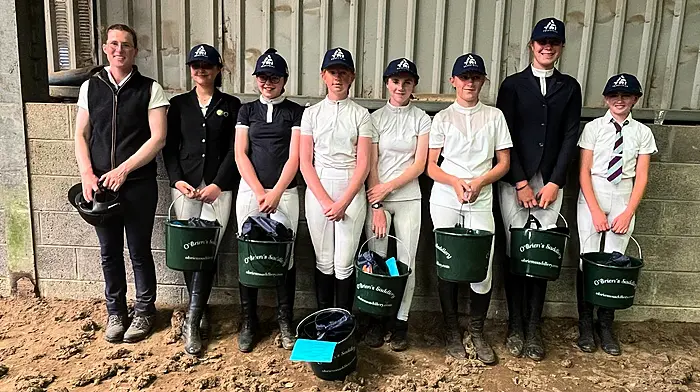 Instructor Katie McKeon with riders Sinead O’Regan, Emma Travers, Maggie McCarthy, Ella Forristal, Sadhbh Fehily, Nelsa Ní Mhurchú and Maria Fleming Hand during the Carbery Hunt Pony Club camp.