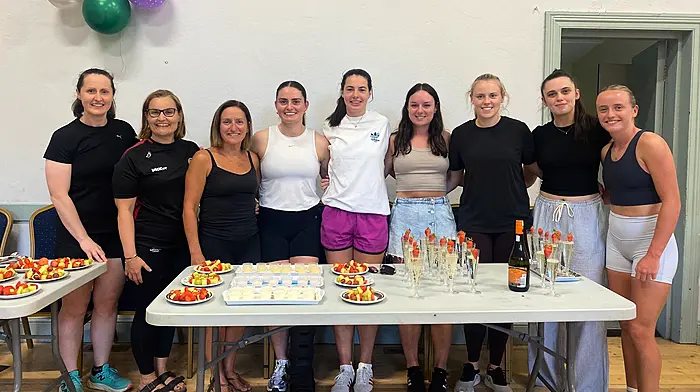 Ballinascarthy Camogie Club ladies at the Pilates & Prosecco night held during the Community Festival in the hall. From left: Martina O'Brien, Therese O'Flynn, Clare Condon, Moira Barrett, Michelle Dullea, Clara Crowley, Kate O'Donovan, Sinéad McCarthy and Millie Condon.