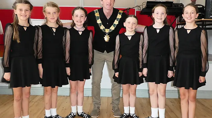 The Emma O'Flynn school of dancing was on hand to entertain everyone with their selection of reels and light jigs at the Active Retired social during the festival last week in Ballinascarthy Community hall. From left: Eve Fleming, Lucy Fleming, Caoimhe Ní Shé, Conan O'Donovan (mayor of Clonakilty and special guest), Nell Lehane, Kitty Hegarty and Kate O'Leary.