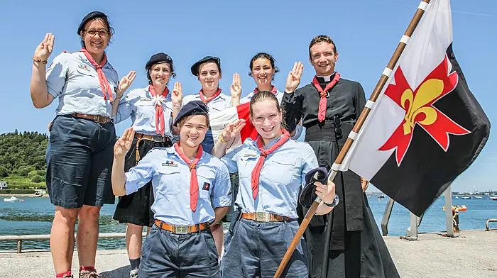 A Girl Guides troop from Pontoise, France is hiking in Cork and enjoying a few days in Crosshaven. Back: Leontine Cuypers, Lucile Huon, Nunzia De Beler, Guilhemine Duyrat and Fr Florian Aubonnet. Front: Heloise Tessaud and Blanche De Lastie.  (Photo: David Creedon)