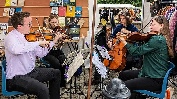 As part of the West Cork Chamber Music Festival which celebrated its 30th year, a number of fringe concerts took place in and around Bantry. Playing to crowds at the Bantry market on Friday was the Meliora Quartet.  (Photo: Andy Gibson)