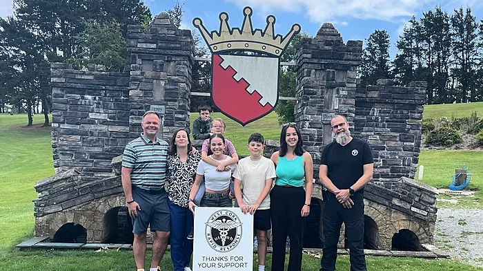 The Egan family from Crohane, Ballinascarthy with Dr Jason van der Velde at Bandon Golf Club last Saturday during a fundraiser they organised for West Cork Rapid Response. From left: Tadhg, Mary, Leah with Fíadh van der Velde, Ben, Éabha, Dr Jason and Malaki van der Velde at the back.