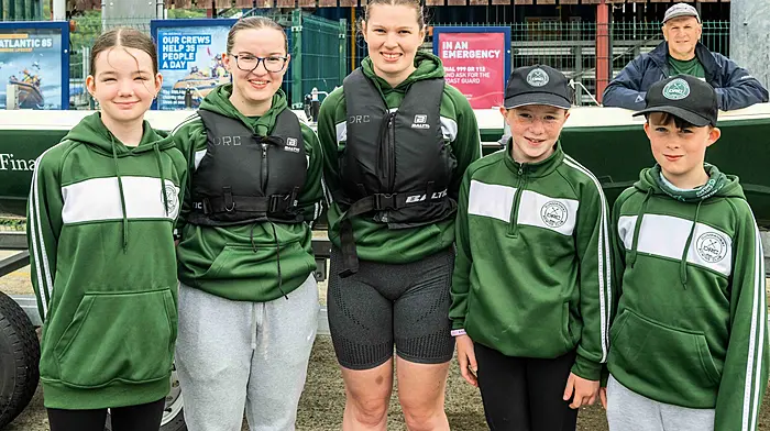 Dunmanway Rowing Club members Aoibhínn Coll, Chloe Hurley, Grace Hurley, Ellie O'Regan and Oscar Forde at the South West Coast Yawl Rowing Association’s regatta which was held in Union Hall. (Photo: Andy Gibson)