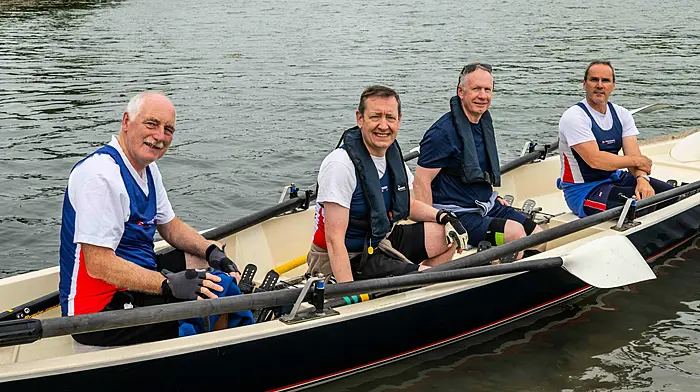 Courtmacsherry Rowing Club men's crew of Brendan Pierce, Richard Kingston, Stephen O'Leary and Brian Whelton before their race at the South West Coast Yawl Rowing Association’s regatta held at Union Hall recently. (Photo: Andy Gibson)