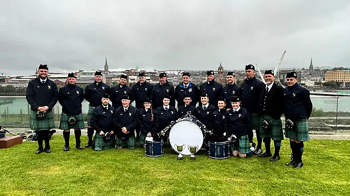 The Carrigaline Pipe Band in Derry last Saturday where they won the All-Ireland Pipe Band Championships.