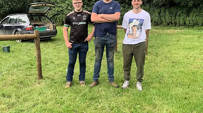 Nick Sweetman, Peter Thompson and Diarmuid Kiely, Carrigaline Macra, who qualified for the All-Ireland Farm Skills competition which will take place at Tullamore Show on August 10th.