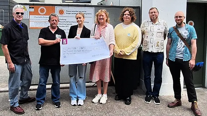 Beara Film Festival presented a cheque for €1,160.55 to Caitriona Twomey of Cork Penny Dinners which was raised from donations on the door at this year's festival. Along with Caitriona Twomey and Ger O'Leary are the winners of Beara Film Festival, Conor Slattery (director/producer), Ger O'Leary(director, Beara Film Festival), Aoife Cremin (actor), Caitriona Twomey (Cork Penny Dinners) and  directors Fionn O'Mahoney, Steven Brockhuizen and Brian Benjamin Dwyer.