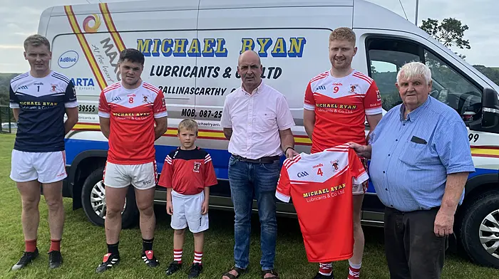 Club sponsor Michael Ryan of Lubricants & Co Ltd presented a new set of jerseys to the Ballinascarthy team. Included are club members Cían Ryan, Connail Cullinane, Fionn Deasy, Ciarán Nyhan and kitman Jack Keane.