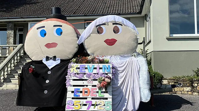 'Wedding Bales' for Kevin Coughlan (Bantry) and Edel Daly (Kilcrohane) who returned from Australia for their wedding day on July 25th. Warm congratulations were sent to the happy couple from all their family and friends in Scart: ‘Wishing you a lifetime of love, laughter, and takeaways!'