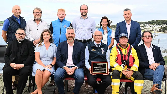 At the opening ceremony for the Courtmacsherry Harbour Festival were (front): Fr Fergus Ryan, Cllr Ann Bambury, Christopher O'Sullivan TD, Brian O'Dwyer (RNLI), Dara Gannon (RNLI) and Mike Hanly (chairperson, Courtmacsherry Development Association).  Standing: Rev Kingsley Sutton, Cllr John Collins, Vincent O'Donovan (Courtmacsherry Development Association), Senator Noel O'Donovan, Anat O'Donovan  (festival director) and Cllr John Michael Foley.       (Photo: Martin Walsh)