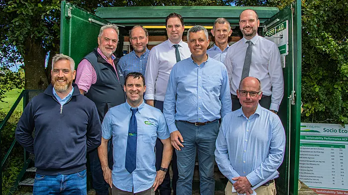 On a visit to Timoleague, Minister Hayden visited the testing station of the Timoleague catchment area.  Back: John O’Brien (chairman, Barryroe Co-op), Sean Deasy (vice-chairman, Co-op), Minister Martin Hayden, Peadar Murphy (CEO, Barryroe Co-op) and Senator Noel O’Donovan.  Front: Minister of State Christopher O’Sullivan, Oisín Coakley (Teagasc), Cllr John Michael Foley and Eddie Burgess (Teagasc).    (Photo: Gearóid Holland)