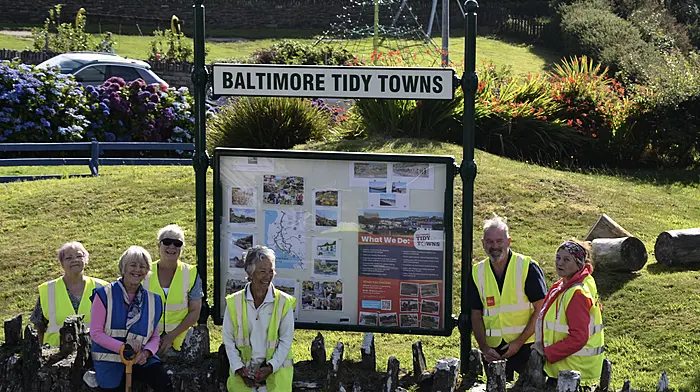 Members of Baltimore Tidy Towns, Valerie Brown, Miriam Nolan, Jonnie Goyer, Judy Naylor, Gwyn Owen and Maureen O'Hanlon, with their new storm-proof noticeboard. Photo courtesy of Jürgen Koch.