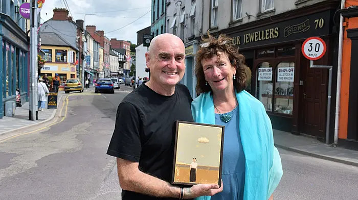 Artist Donagh Carey with Bernadette Burns, former lecturer in fine art at Dublin Institute of Technology and one of the instigators of BA visual arts on Sherkin Island at the opening of the special exhibition celebrating the 25th anniversary of TU Dublin's BA visual art degree on Sherkin at No 66 Bridge Street in Skibbereen last Saturday afternoon.  (Photo: Anne Minihane)