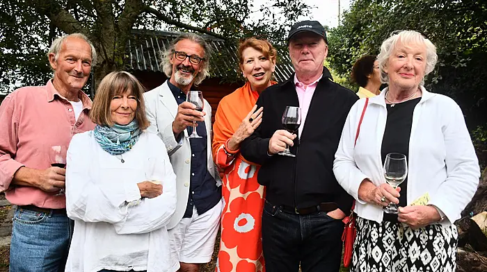 Christine Thery and Gabby Williams (Heir Island), Peter Martin, Grace O'Malley, Jack Coffey and Anne Daly (Castlehaven) at the Cnoc Buí Arts Community Centre’s fundraising summer party in Union Hall last weekend.   (Photo: Anne Minihane)