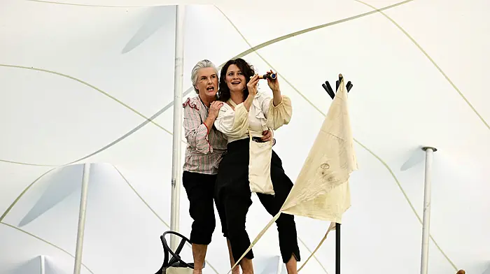 Éidin Griffin and Katy Mullins as the academic and the pirate in Captain Wagtail, who performed at the Fit-Up theatre festival tent in Ballydehob during the week. The festival continues until August 3rd. (Photo: Carlos Benlayo)