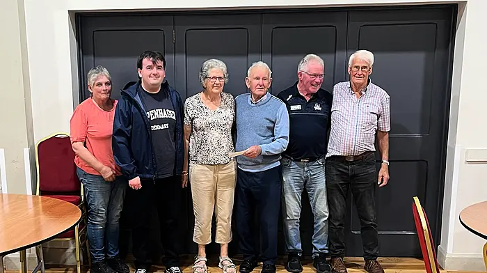 Anne Twomey was the winner of the O’Donovan Rossa bingo jackpot of €1,600 last Friday night. At the presentation were Mary Fitzgerald, Matthew Salter, Anne Twomey (winner), Tim Joe Whooley, Pat Fitzgerald and Charlie Keohane.