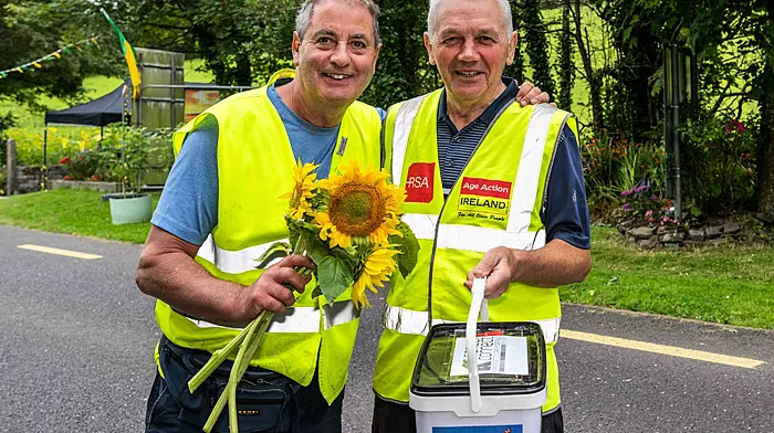 Kevin Hourihane and John Collins from Leap at the Kilmacabea GAA Club fundraiser last weekend. Local girls Caoimhe O'Brien and Ciara Jennings enjoyed the sunflower field, while Sharon Nyhan; Aliesha O'Shea, Shona O'Shea and Tracy White took part in the 'Fit-Pit' challenge in Leap. (Photos: Andy Gibson)