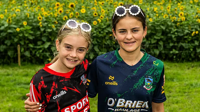 Leap, West Cork, Ireland. 1st Aug, 2025. Kilmacabea GAA Club has planted a field full of sunflowers to raise money for its astro-turf pitch and Cancer Connect. The sunflowers are on sale all weekend. Pictured at the sunflower field are Caoimhe O'Brien and Ciara Jennings from Leap. Picture: Andy Gibson.