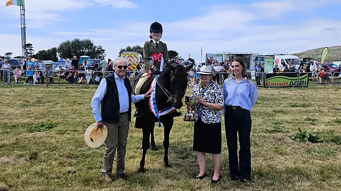 The winner of the champion-led pony competition at the Schull Agricultural Show, Niamh O'Reilly, on Breenybeg Diana with Brian Egan. 
The competition is sponsored by the Egan family, in memory of the late Nuala Egan.



Champion Led Pony Schull Agriculture Show 27th July 2025.

Hello,

Please see attached image of winner of Champion lead Pony., sponsor Egan family in memory of Nuala Egan.

Left to Right,

Brain Egan, Winner Niamh O'Reilly on Breenybeg Diana, Daughter Crier and grand daughter Sadhbh

Kind Regards,

John Walsh