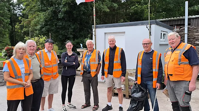 Members of the Macroom Tidy Towns committee Shiela Murphy, Murty Lehane, Liam Walsh, Lisa Manning, Richard Manning, John Lyons, Paul Kingston,and Martin Coughlan prepare for litter pick up.