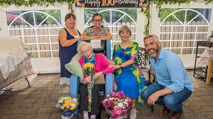 Marie Hurley of Timoleague was surrounded by friends and family including her nieces, Mary O’Sullivan, Carmel Calnan, Ann Walsh and Junior Minister Christopher O’Sullivan as she celebrated her 100th birthday at Care Choice in Clonakilty.
