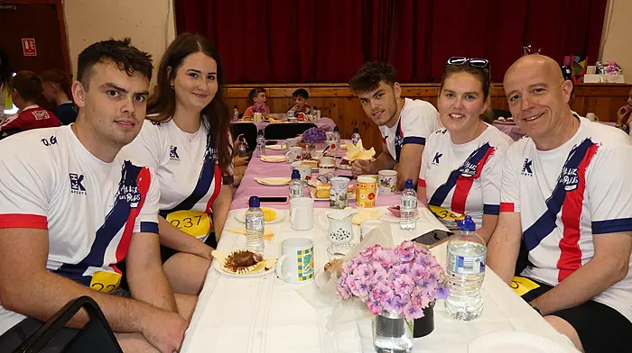 Pictured in Kilbrittan Community Hall after the festival memorial walk are Seán Brady, Niamh Ahern, Oran Brady, Ciara Brady and Christophe Gillain. This group participated in the walk in memory of their much loved and always remembered Oisín Gillain. All proceeds of the walk went to West Cork Rapid Response.