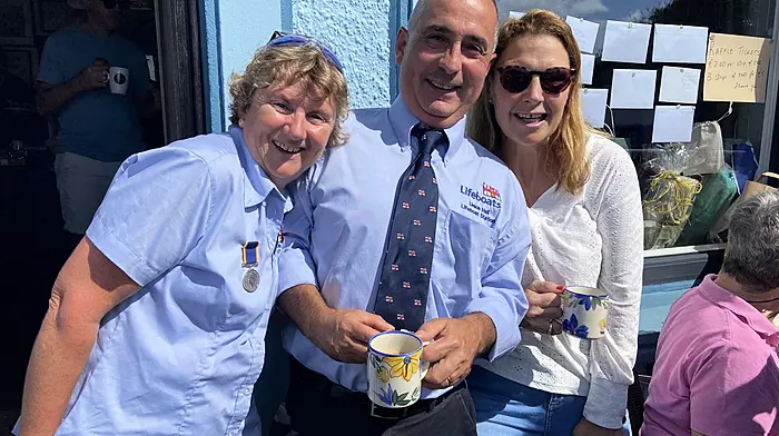 Mary Jacinta Casey of the RNLI fundraising committee, John Kelleher, lifeboat operations manager and Una Gavin attended the U non Hall/Glandore  RNLI Fundraising coffee morning hosted by Patrick, Mary Jacinta and Lawrence Casey, Casey’s Bar.