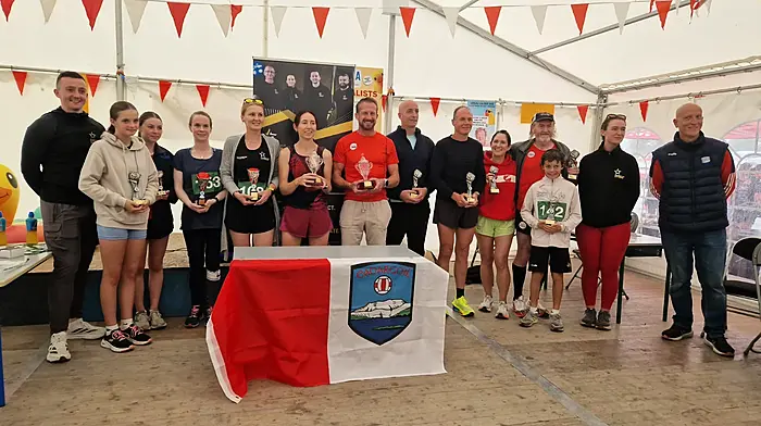 The winners of the Adrigole 5 mile run which was sponsored by Five Star Fitness are Shane O'Sullivan (Five Star Fitness), Hannah O'Sullivan, Saoirse O'Connor, Sharon McCarthy, Monika Wielogorska, Julie O'Brien, Bobby Tangney, Ray Kelleher, Mark Bissett, Sandra Harrington, Ray Kelleher, Johnny Russell, Rachel O'Shea (Five Star Fitness), and Fergus Carey (chairman, Adrigole GAA.