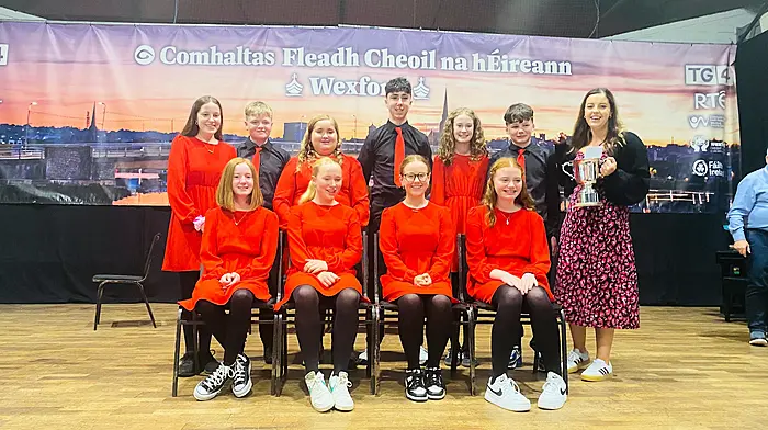 The U15 All-Ireland ceilí band champions at the Fleadh Cheoil in Wexford. Back: Muireann O’Sullivan, Colm Dullea, Sinead Bradfield, Conor Murphy, Clara O’Brien and Odhran McCarthy. Front: April Murray, Eila O’Neill, Clodagh O’Driscoll and Saoirse Kenneally with mentor Aoibheann Queally.