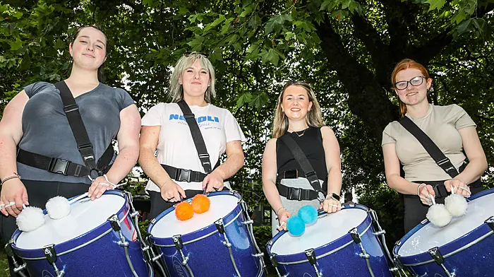 Doireann O'Flynn, Chloe Shine, Caoimhe Murphy and Darcy O'Regan, drummers with the Carrigaline Pipe Band, busy rehearsing at the park in Carrigaline, ahead of the World Pipe Band Championship in Glasgow. (Photo: David Creedon)