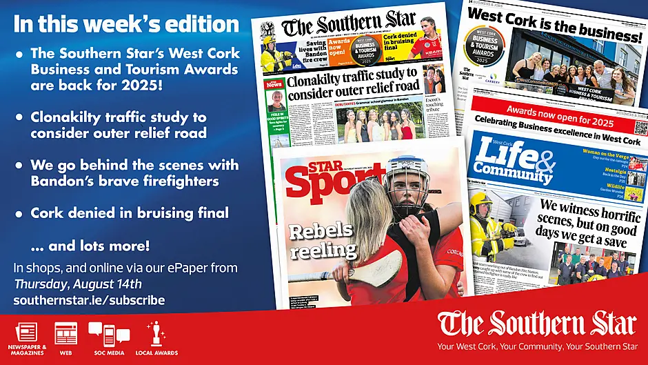 THE SOUTHERN STAR IS IN STORES NOW: The Southern Star’s West Cork Business and Tourism Awards are back for 2025!; Clonakilty traffic study to consider outer relief road; Reaction to Cork's heartbreaking All-Ireland camogie defeat Image