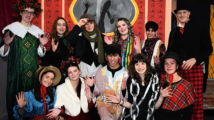 Some of the Transition Year cast of the Schull Community College Christmas panto, this “A Christmas Carol.” Back (l-r) Jamie O’Mahony, Leire Araoillas Lozano, Archer Little, Caitlin O’Reilly, Frankie Masarati, Mattias Cogan. Front (l-r) Chloe Anne O Callaghan, Emily Sheehan, Damian Williams, Olivia Killeen, Maria Schlotterbeck.