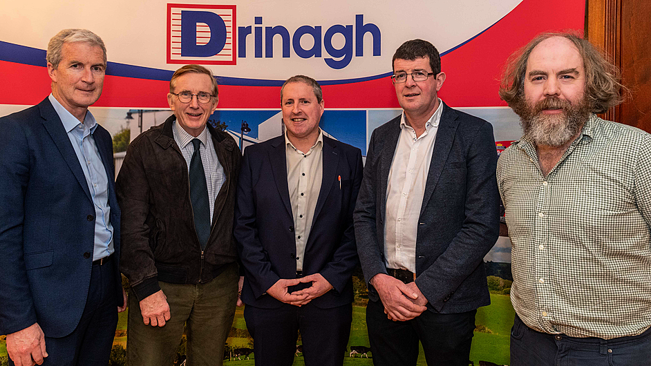 Seamus Daly, chief executive, Drinagh; Prof Patrick Wall, UCD; Speaker Enda Buckley, Carbery; Donal McCarthy, Drinagh chair and Joe Patton, Teagasc, at Drinagh’s spring dairy seminar at the West Cork Hotel, Skibbereen with more than 100 farmers attending. (All photos: Andy Gibson)