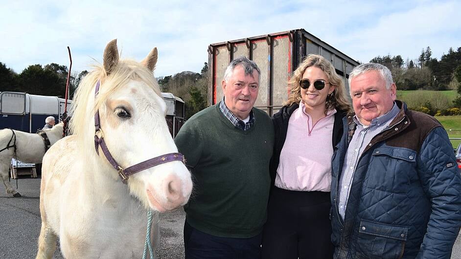 Martin O'Connor from Johnstown with Fiona O'Mahony of Clonakilty and John McSweeney, Macroom, with Teddy the horse at the Glandore Cheval Ride last Sunday. (Photo: Anne Minihane)