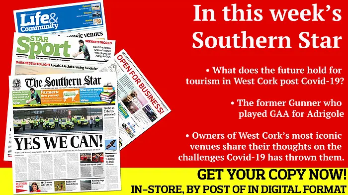 West Cork gears up to welcome tourists this summer; FF Cllr criticises party's talks with FG; Probe into 23 poisoned buzzards; Gardaí issue warning to 'boy racers'; Farmer is killed by bull; Kinsale 'café pod' plans; The Arsenal trainee who played for Adrigole; WCL clubs in favour of completing season; Mercy Heights' stars relive All-Ireland win; Sinead O'Regan goes extra mile for charity; 'Open for Business', our weekly directory of local businesses doing deliveries, takeaways, phone/click & collect across West Cork  Image