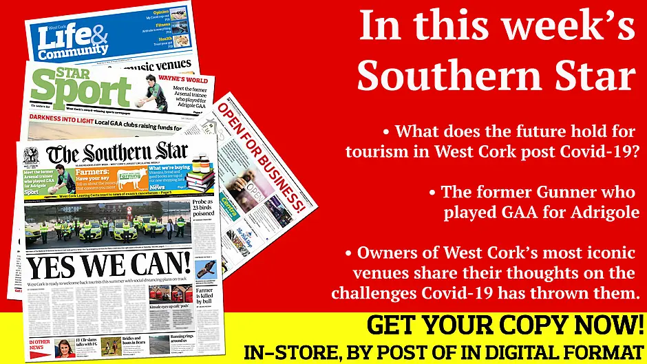 West Cork gears up to welcome tourists this summer; FF Cllr criticises party's talks with FG; Probe into 23 poisoned buzzards; Gardaí issue warning to 'boy racers'; Farmer is killed by bull; Kinsale 'café pod' plans; The Arsenal trainee who played for Adrigole; WCL clubs in favour of completing season; Mercy Heights' stars relive All-Ireland win; Sinead O'Regan goes extra mile for charity; 'Open for Business', our weekly directory of local businesses doing deliveries, takeaways, phone/click & collect across West Cork  Image
