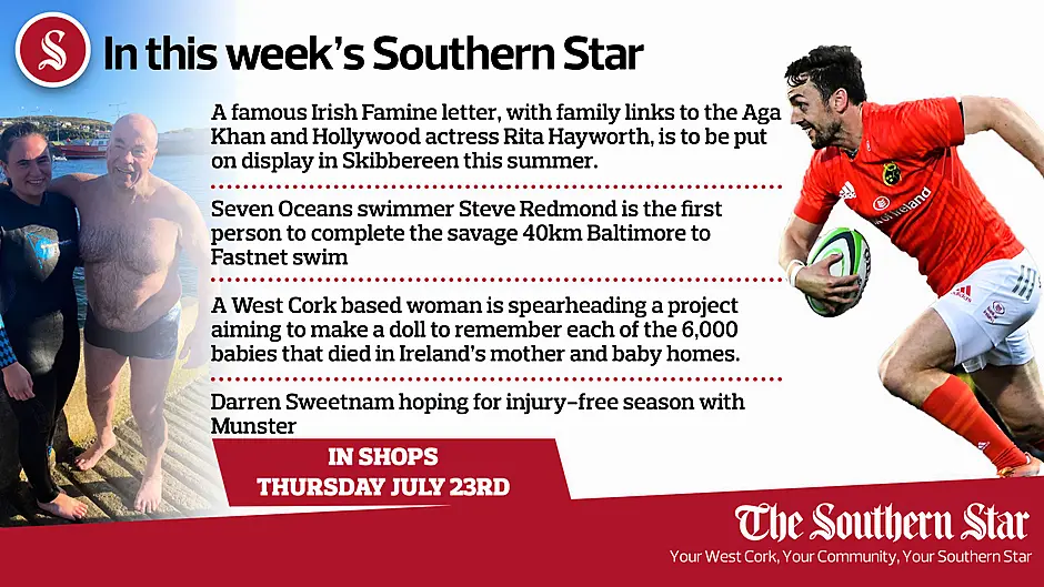 In this week's Southern Star: Another first for Steve; Famine letter has Aga Khan link; Darren Sweetnam hoping for injury-free season with Munster Image
