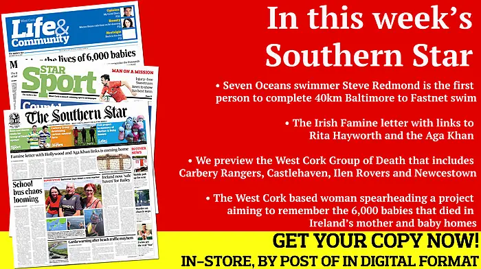 Steve Redmond completes 40km Baltimore to Fastnet swim; The Irish Famine letter with links to Rita Hayworth and the Aga Khan; The West Cork senior football Group of Death; Darren Sweetnam hoping for injury-free run; Marking the lives of 6,000 babies Image