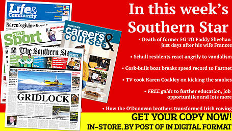 Death of former FG TD Paddy Sheehan; Schull residents react angrily to vandalism in town centre; Cork-built boat breaks speed record to Fastnet; How the O'Donovan brothers changed rowing; West Cork through to county semi-final; TV cook Karen Coakley from Bantry on kicking the smokes Image