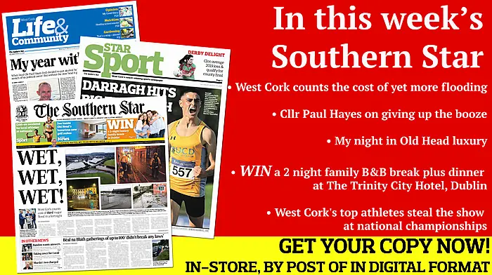 West Cork counts the cost of yet more flooding; Cllr Paul Hayes on giving up the booze; My night in Old Head luxury; Darragh McElhinney's stunning 5000m win; Beamish Cup final preview; WIN a 2 night family B&B break plus dinner at Trinity City Hotel Dublin Image