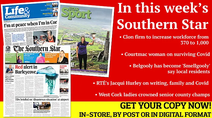 Courtmac woman on surviving Covid; 600+ new jobs for Clonakilty; Eight dogs stolen in Macroom; Belgooly has become 'Smellgooly' say local residents; West Cork ladies crowned champs; RTÉ's Jacqui Hurley on writing, family and Covid Image