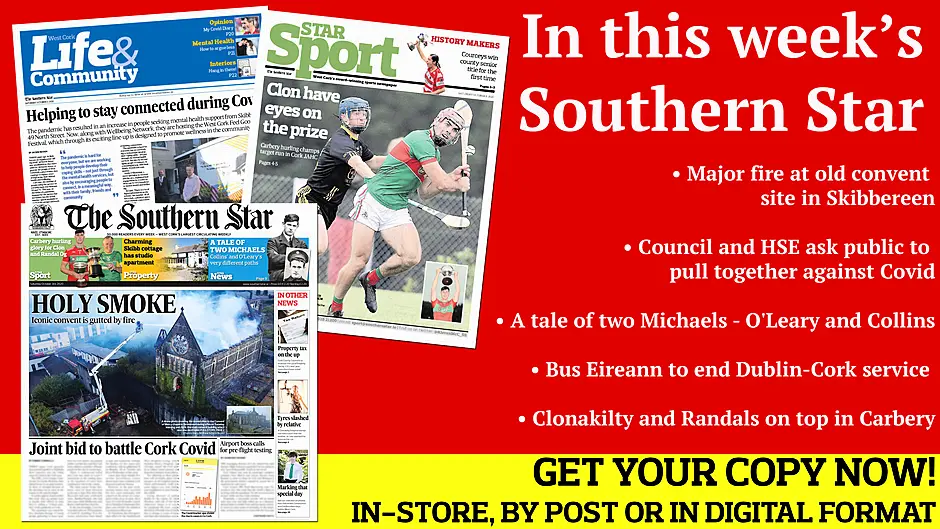 Major fire in Skibbereen; Council and HSE ask public to pull together against Covid; Bus Eireann to end Dublin-Cork service; Clonakilty crowned Carbery junior hurling kings, again Image