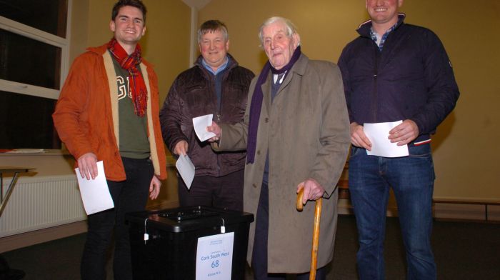 Three generations of the O'Donovan family from Skeagh voting at Kilcoe National School on Saturday evening
98 year old Liam O'Donovan with his son Bernard, grandchildren Liam and Ciaran. Photo: Anne Minihane.