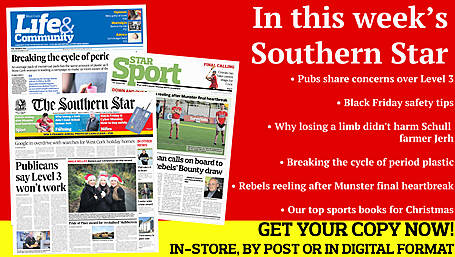 Pubs share concerns over Level 3; Black Friday safety tips; Grants for Brookpark and Ludgate; Why losing a limb didn't harm Schull farmer Jerh; Rebels reeling after Munster final heartbreak; Our top sports books for Christmas  Image