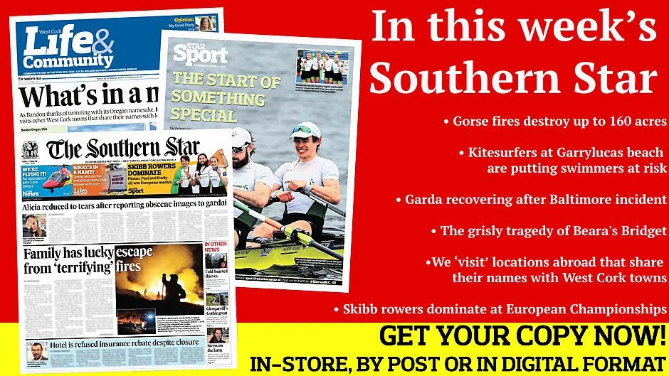 Kitesurfers putting swimmers at risk; Gorse fires destroy up to 160 acres; Garda recovering after Baltimore incident; Skibb rowers dominate at  European Championships Image