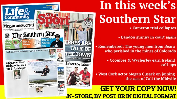 Cameron Blair trial collapses; Bandon granny in court again; New chair of Carbery Group; Berehaven golfers crowned champs; Coombes & Wycherley earn Ireland call-ups; West Cork actor Megan Cusack on joining Call the Midwife Image