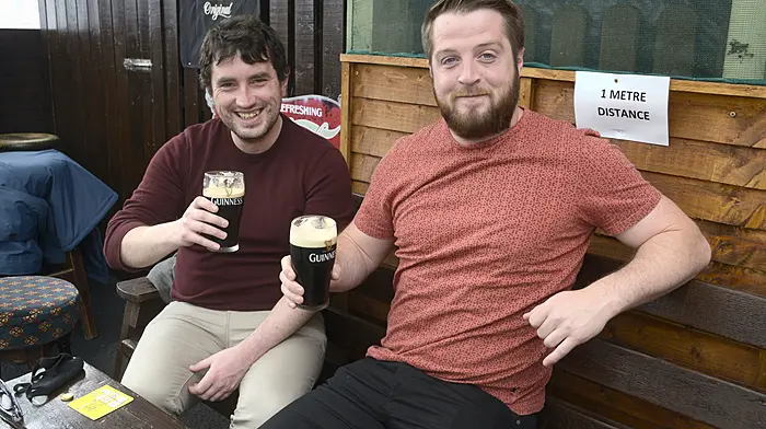 NEWS 7/6/2021 Pictured enjoying a pint at Fiddlers Green Conakilty Co Cork was Donal O'Regan and Stephen O'Connell. Picture Denis Boyle