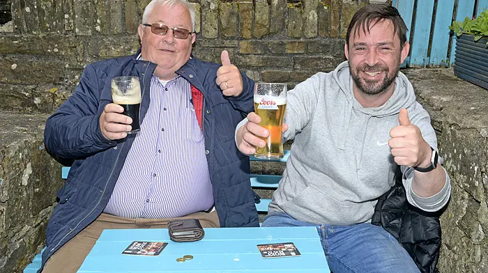 NEWS 7/6/2021 Pictured enjoying pints at The Stables Bandon was Ray and Ken O'Callaghan. Picture Denis Boyle