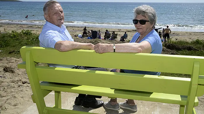NEWS 6/6/2021 Pictured enjoying the new beach front furniture installed this weekend by Cork County council at the beach at Garrylucas Co Cork was John and Ita O'Rourke. Picture Denis Boyle
