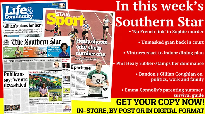 'No French link' in Sophie murder; Unmasked gran back in court; Cameron murder: teen in court; Phil Healy rubber-stamps her dominance; New county mayor Gillian Coughlan on politics, work and family  Image